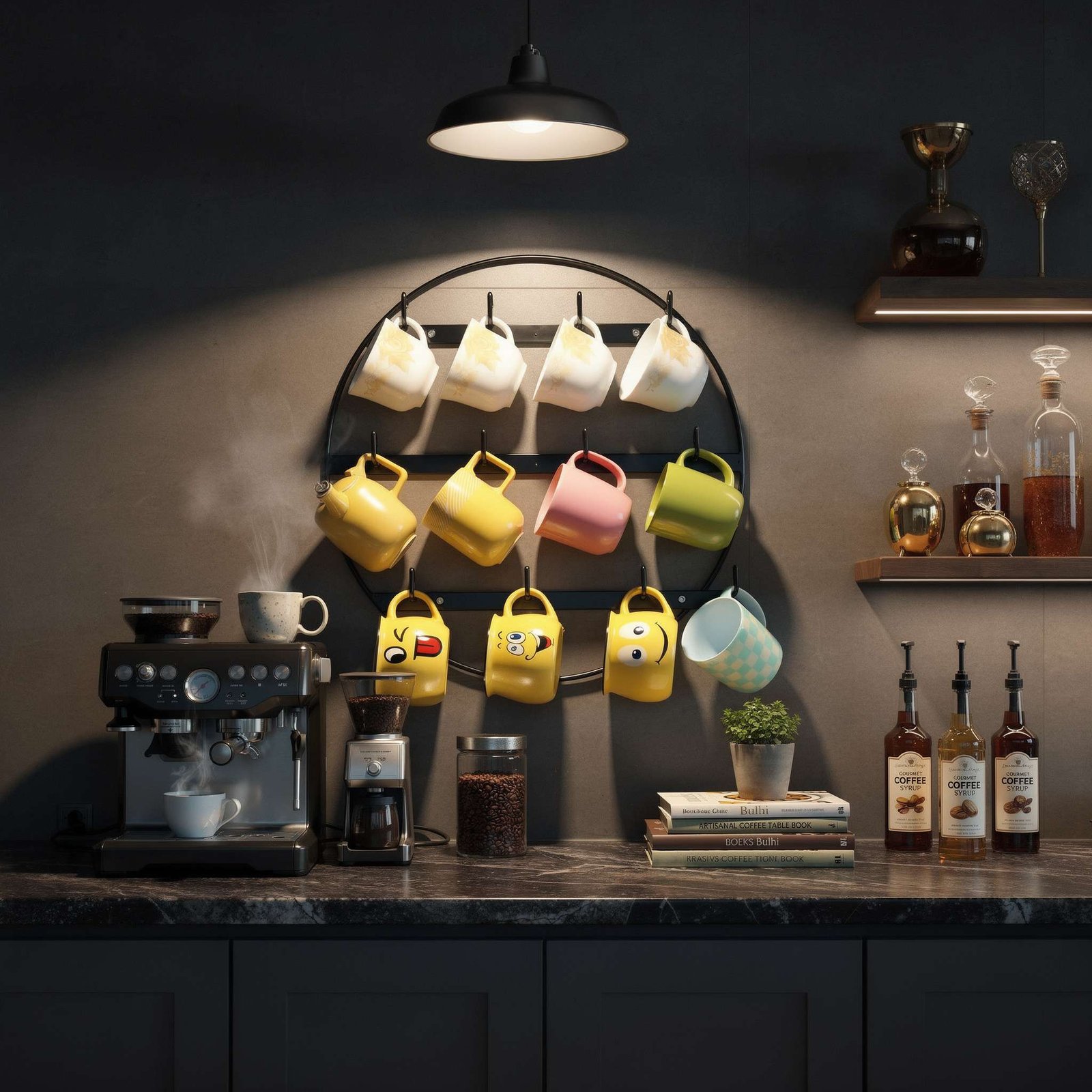 গাঢ় ব্যাকগ্রাউন্ডে আধুনিক কালো কাপ স্ট্যান্ড | Modern black cup stand on dark background